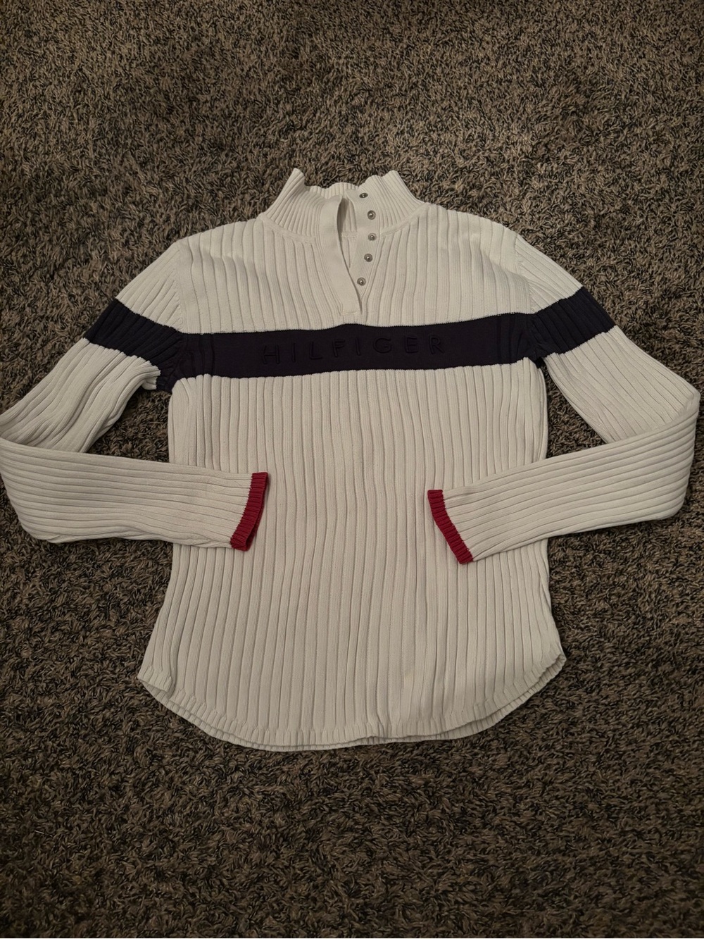Tommy Hilfiger White Ribbed Quarter-Snap Pullover with Navy Stripe & Red Cuffs